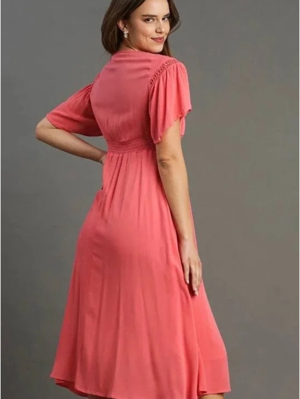 Umgee Coral Tie-Front Flutter Sleeve Dress - Picture 3 of 3